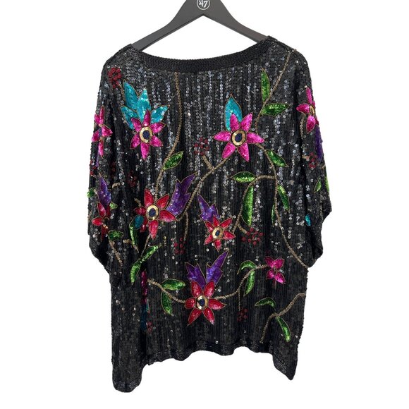 Vintage Jean For Joseph Le Bon Shirt Floral Sequin Beaded Silk Top Blouse Party - Picture 2 of 5